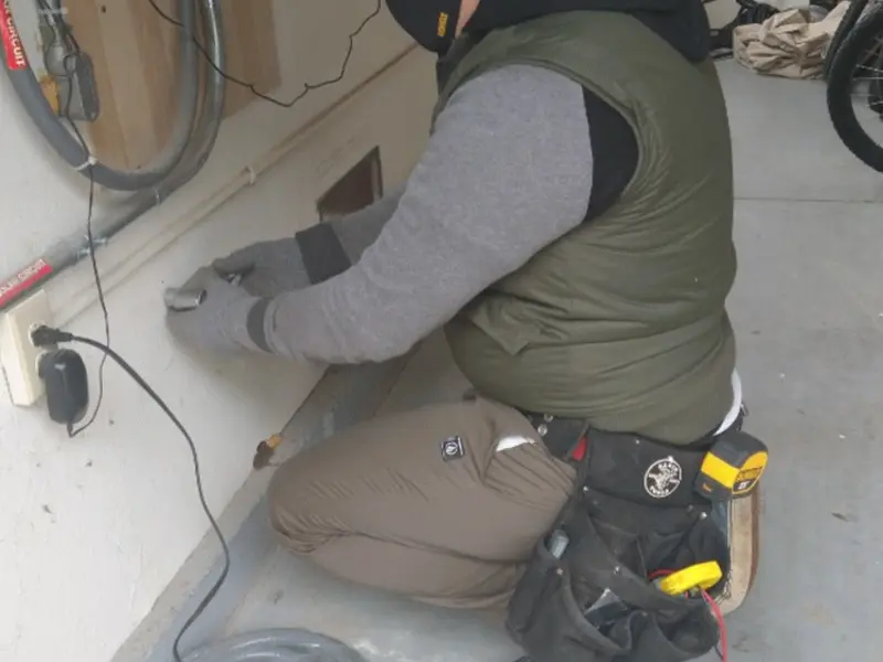 Electrician performing outlet wiring in a League City garage